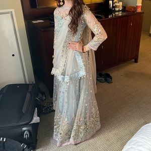 Dusty Blue Embroidered Net Legenga